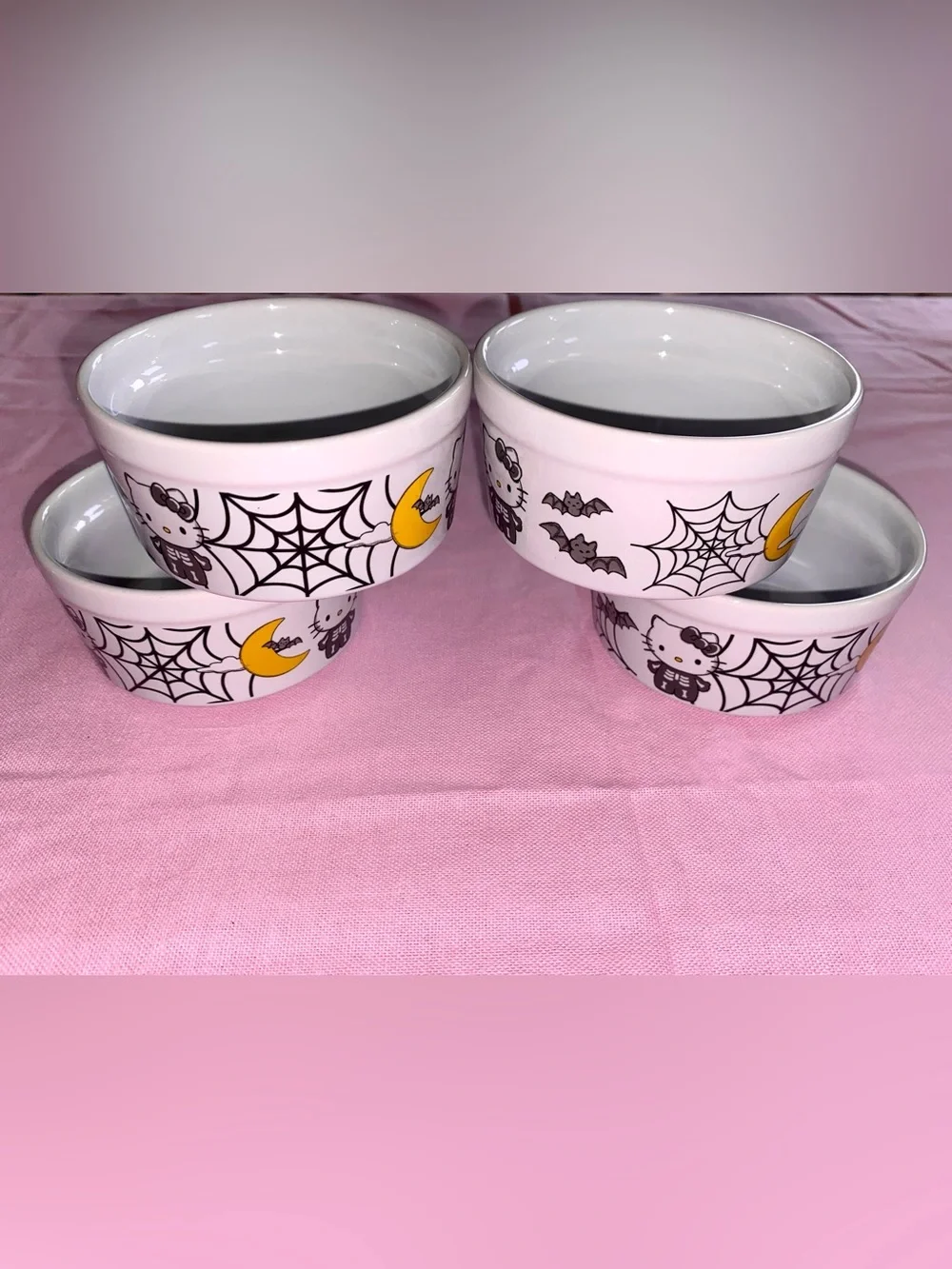 Hello Kitty Halloween Ceramic Ramekin Bowl Set Skeleton Moon Skull Spooky Spider